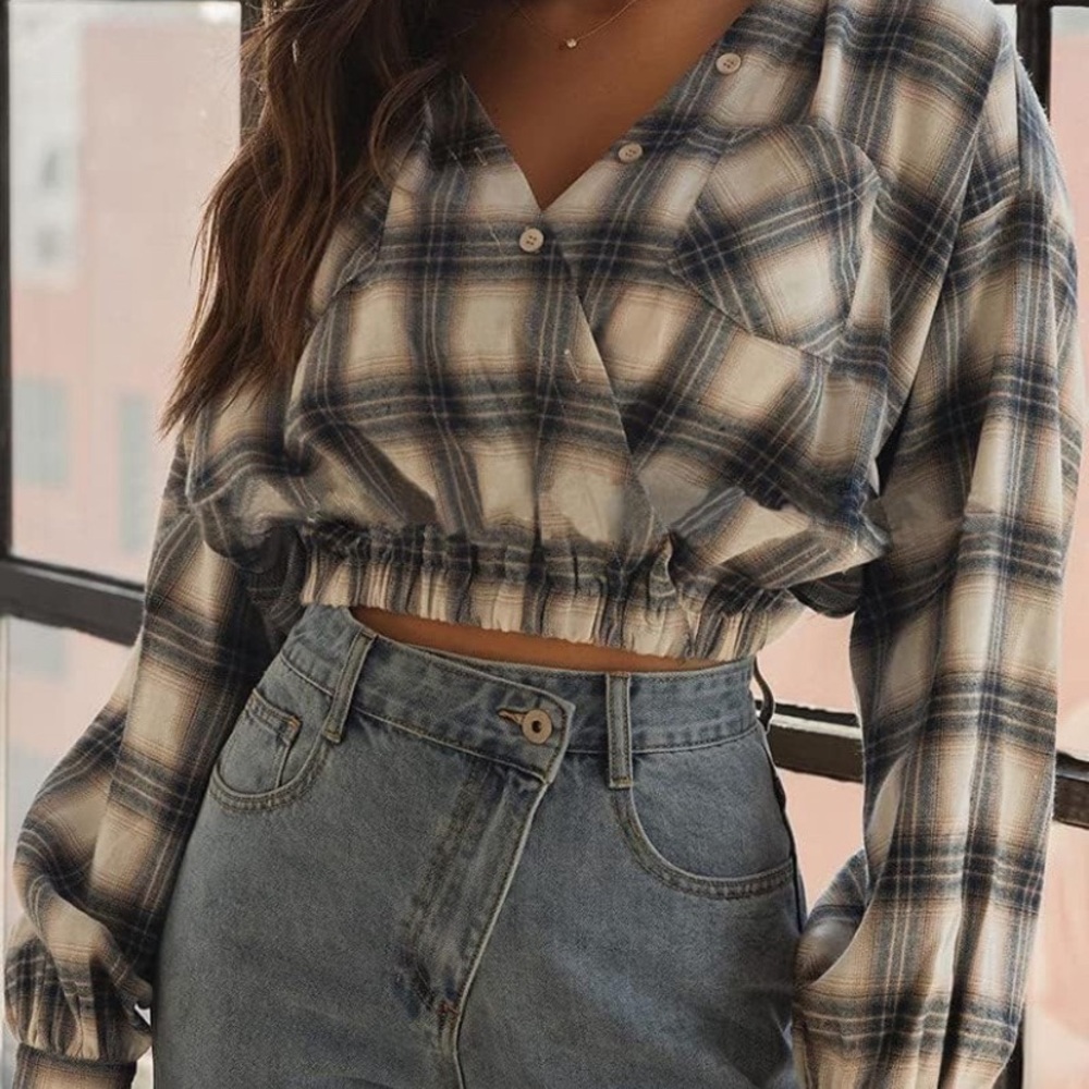 Chvity Women's Trendy Long Sleeve Crop Tops Plaid Button Tunic Elastic Waist